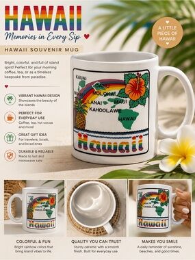 Hawaii Vintage Souvenir Ceramic Mug - White with Rainbow Design